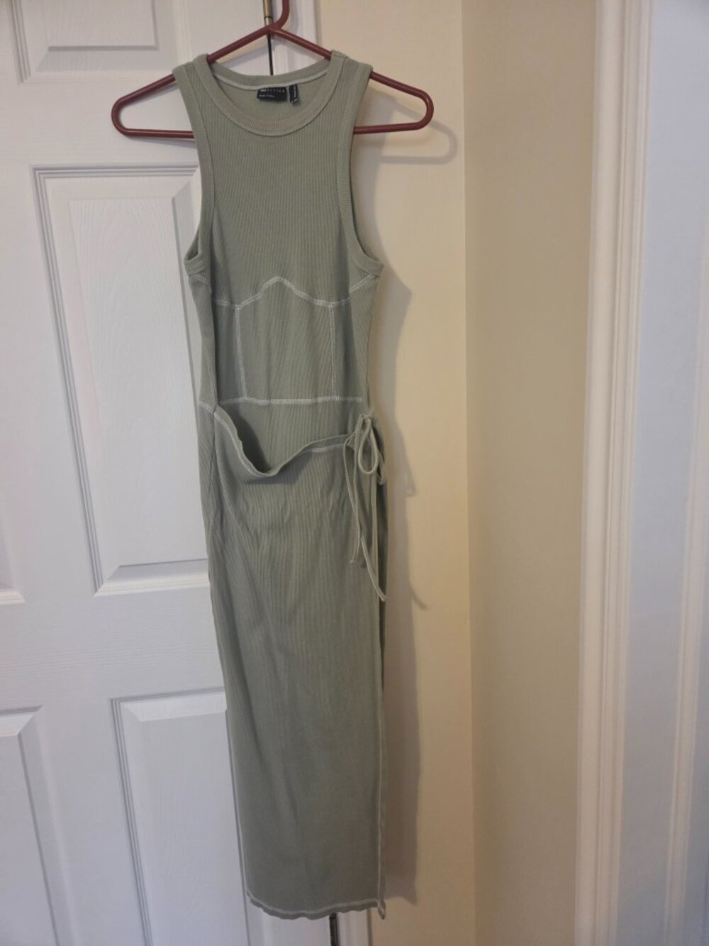 ASOS DESIGN Sage Green Ribbed Cutout Tie Waist Maxi Dress